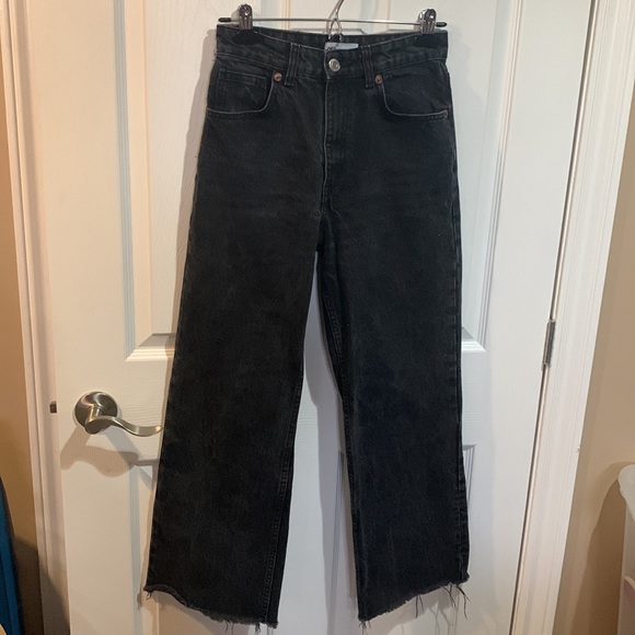 Zara Denim - Zara high waisted black wide leg distressed jeans